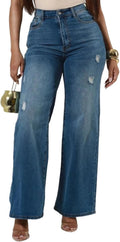 Women's High Waisted Ripped Wide Leg Jeans - Stretch Baggy Fit