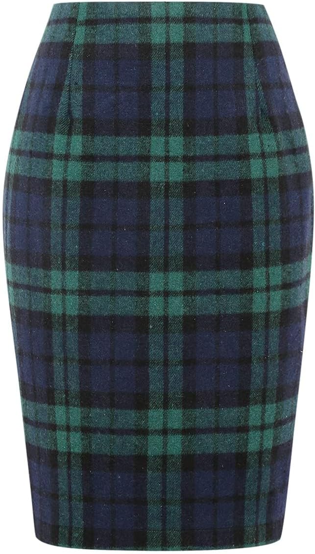 Plaid Skirts for Women Fall Winter Knee Length Pencil Wool Skirt