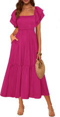 Womens Summer Midi Dress Square Neck Smocked High Waist - Flowy