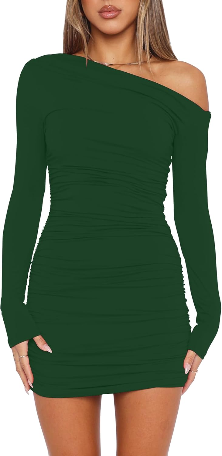 Mokoru Women's Sexy Off Shoulder Ruched Bodycon Mini Dress