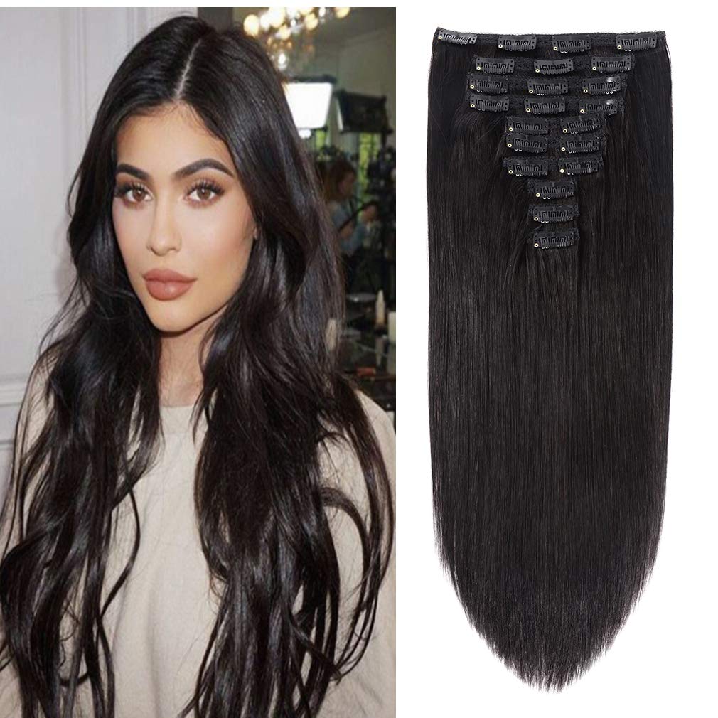 22 Clip in Human Hair Extensions Full Head 200g Natural Black