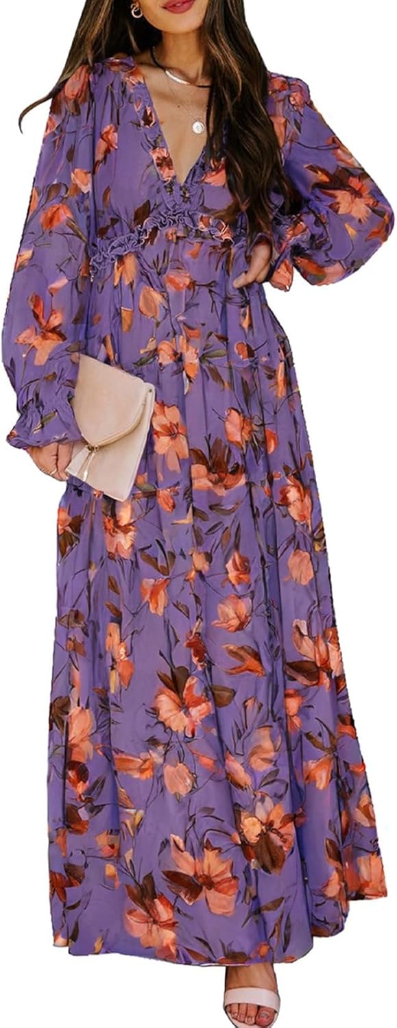 BLENCOT Womens Casual Boho Deep V Neck Short Sleeve Dress