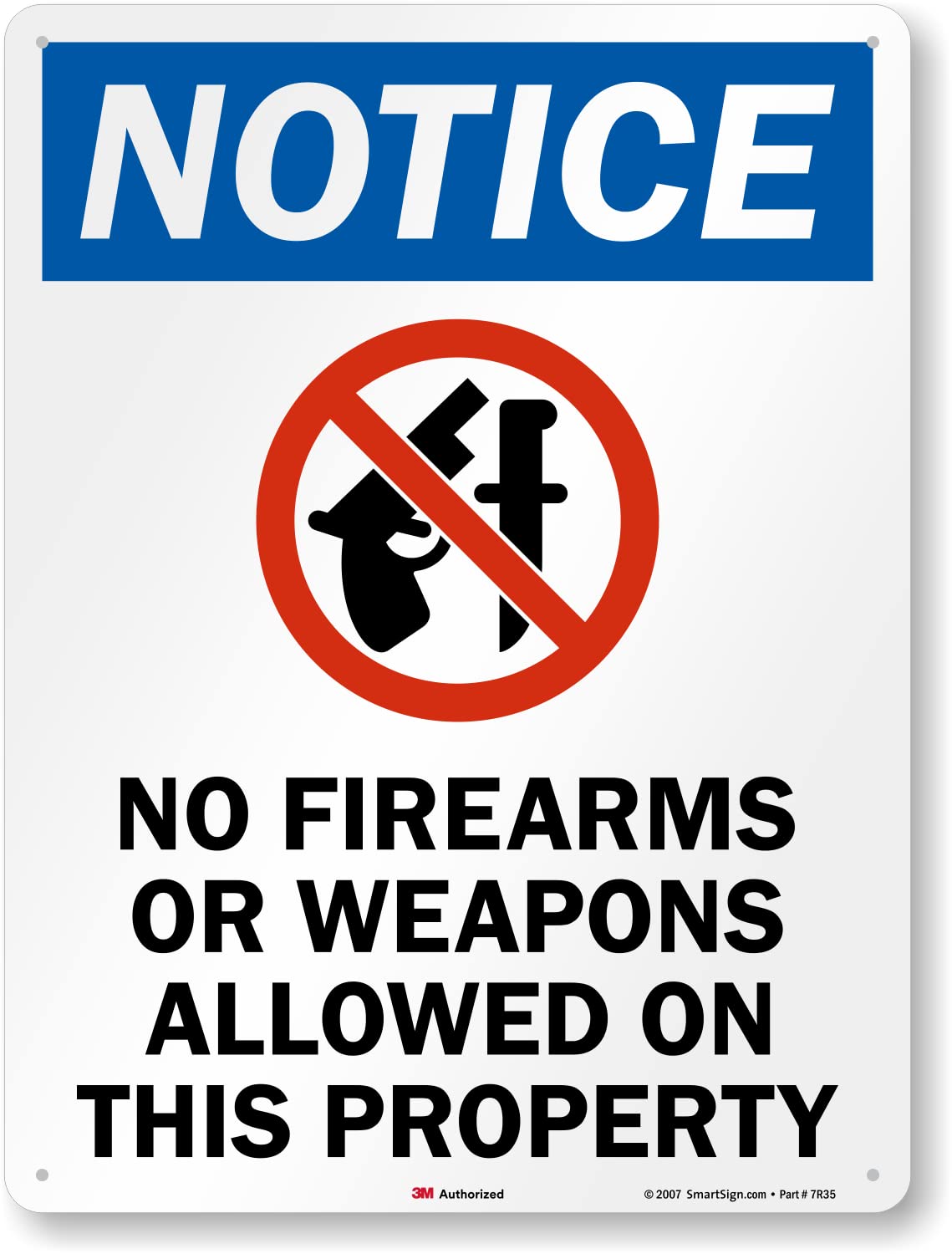 Durable 24 x 18 inch No Firearms or Weapons Sign for Safety