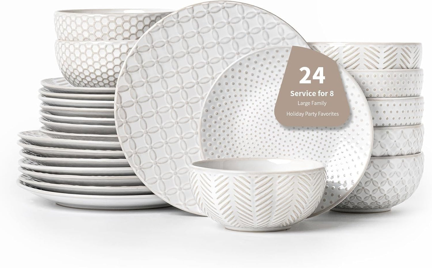 24 Piece Dinnerware Set for 8, Premium Stoneware Plates & Bowls