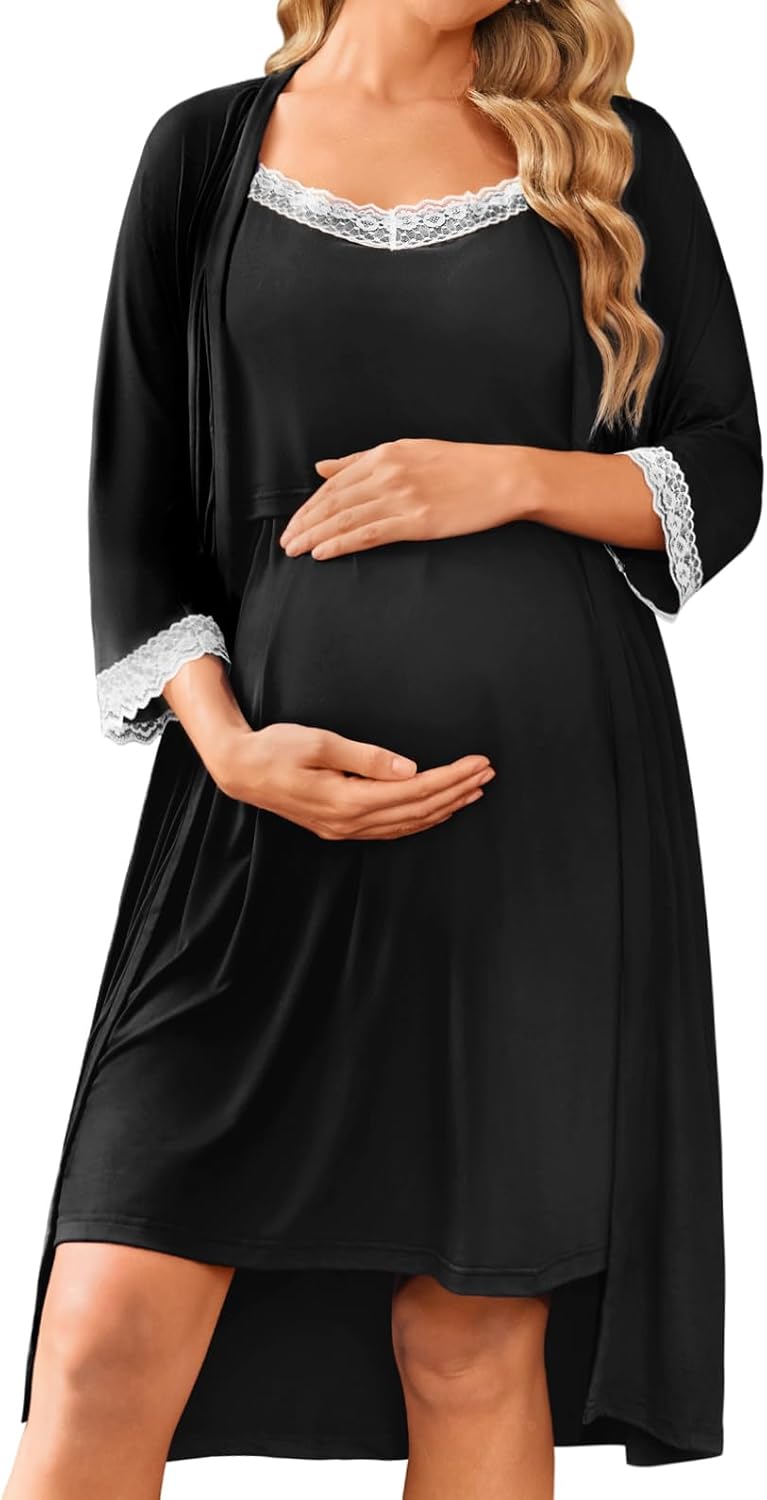 Ekouaer Women Lace Maternity Nursing Gown & Robe Set for Moms