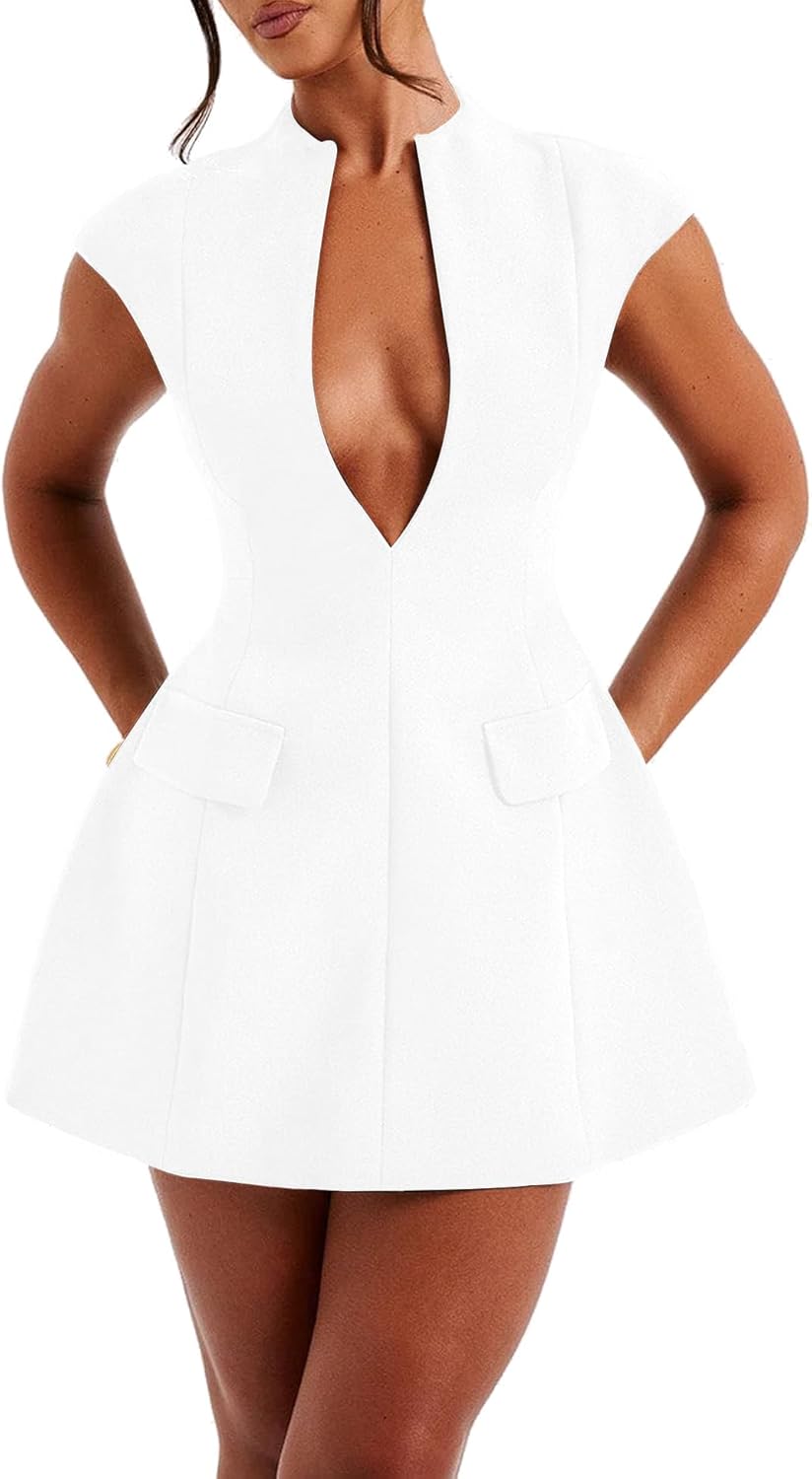 LuFeng Women's Summer Sexy Cap Sleeve Deep V Neck Mini Dress