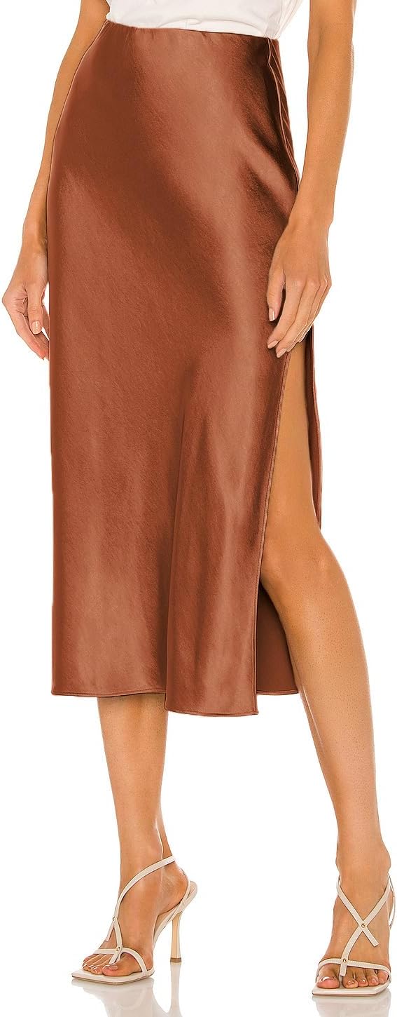 Womens Satin Silk High Waist Slit Midi Skirt for Every Occasion