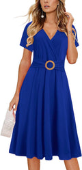 Women's Criss-Cross V Neck Fit and Flare Tea Dress - Flattering Work