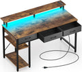 Rolanstar Computer Desk with Power Outlets & LED Light - 47 in Rustic