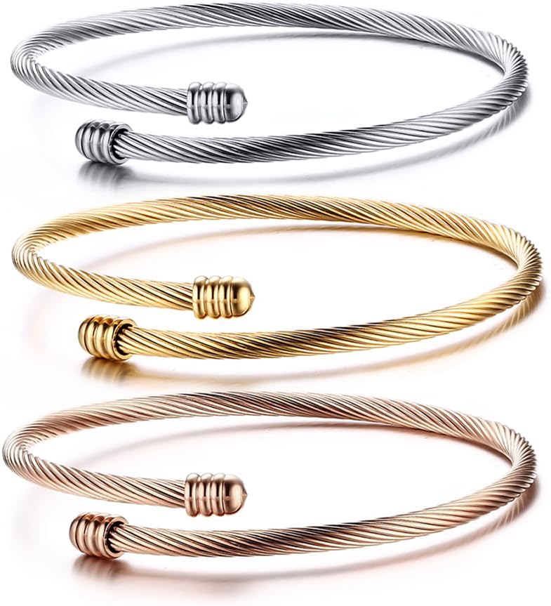Stackable Triple Cable Bracelet Set - Elegant Gold/Rose/Silver Trio by HUANIAN