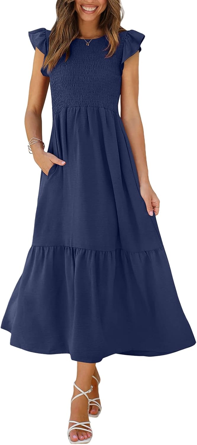 OFEEFAN Women's Casual Maxi Dresses with Pockets and Ruffles