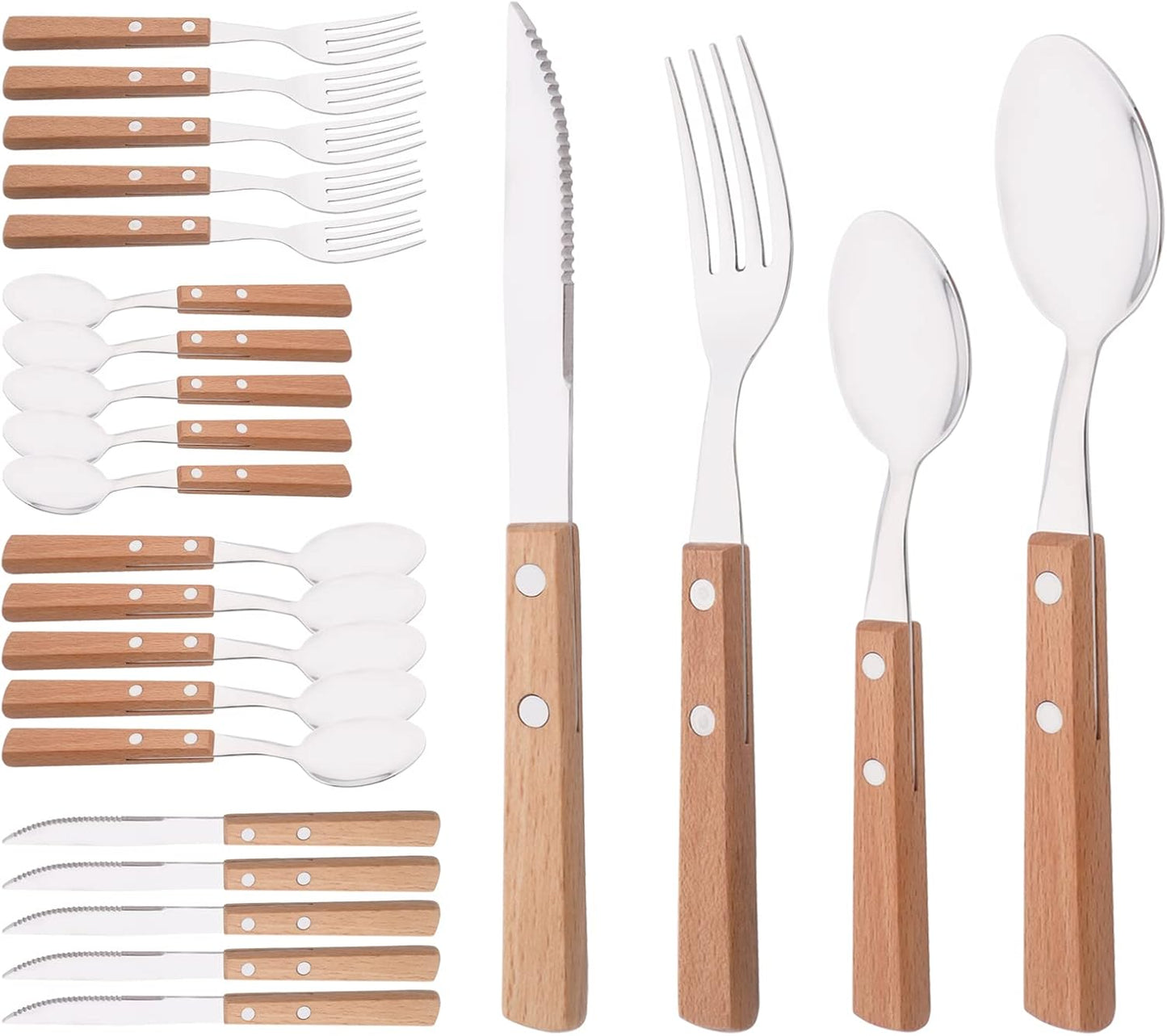Silver Flatware Set with Natural Wood Handle for 6 People