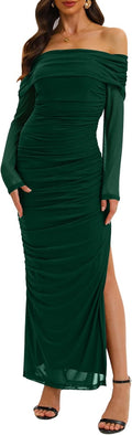 Women Off Shoulder Long Sleeve Bodycon Mesh Maxi Dress - Elegant Fit