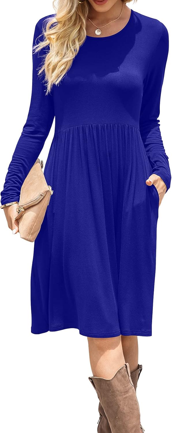 Women Casual Long Sleeve Knee Length Dress with Pockets for You