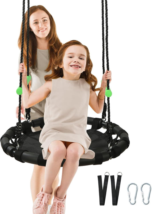 Black Round Saucer Swing with Handles for Fun Outdoor Play
