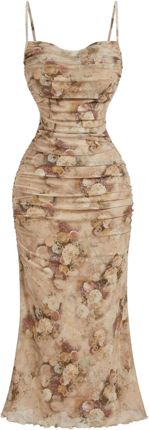 GORGLITTER Women's Floral Ruched Bodycon Midi Dress for All Occasions
