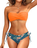 Orange Flower Strapless Bandeau Bikini Set - Twist Front Two Piece