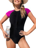 One Piece Swimsuit for Women Mock Neck Zipper Short Sleeve - Full