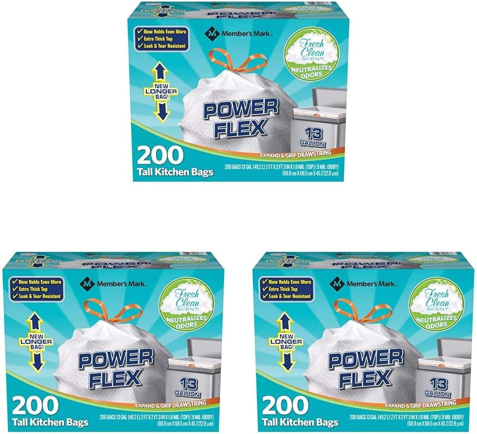 Members Mark 13 Gal Power Flex Tall Kitchen Drawstring Bags