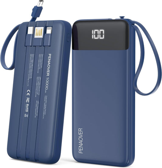 Compact 10000mAh Power Bank with Built-in Cable