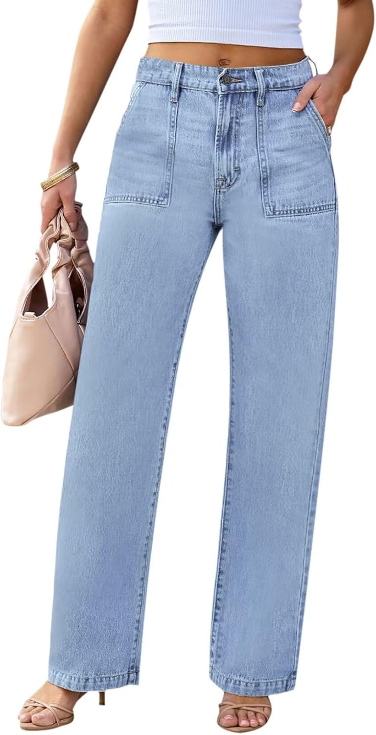 Womens Wide Leg Jeans High Waisted Carpenter Cargo Casual Style