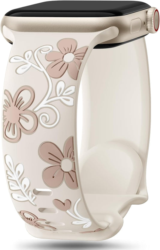 Engraved Floral Band for Apple Watch, Elegant Style