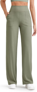 Breathable Ribbed Women Wide Leg Pants with Pockets - High Waist Fit