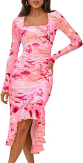 MEROKEETY Women's Mesh Midi Dress Square Neck - Elegant Fall Guest