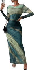 Women's Tie Dye Ruched Long Sleeve Mesh Slim Fit Maxi Dress - Sleek