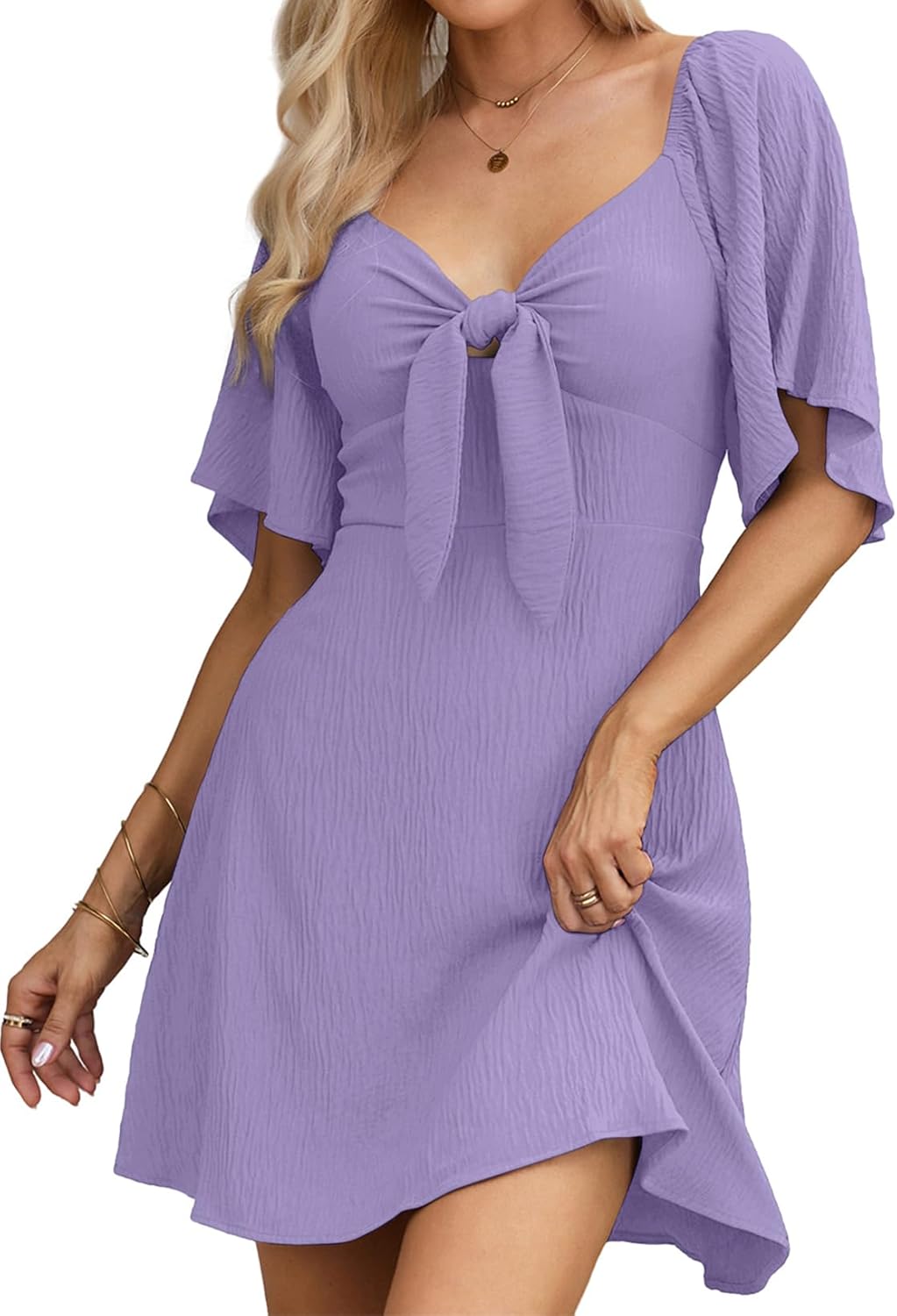 Dokotoo Womens Dresses Deep V Neck Elegant Bow Tie Mini Dress