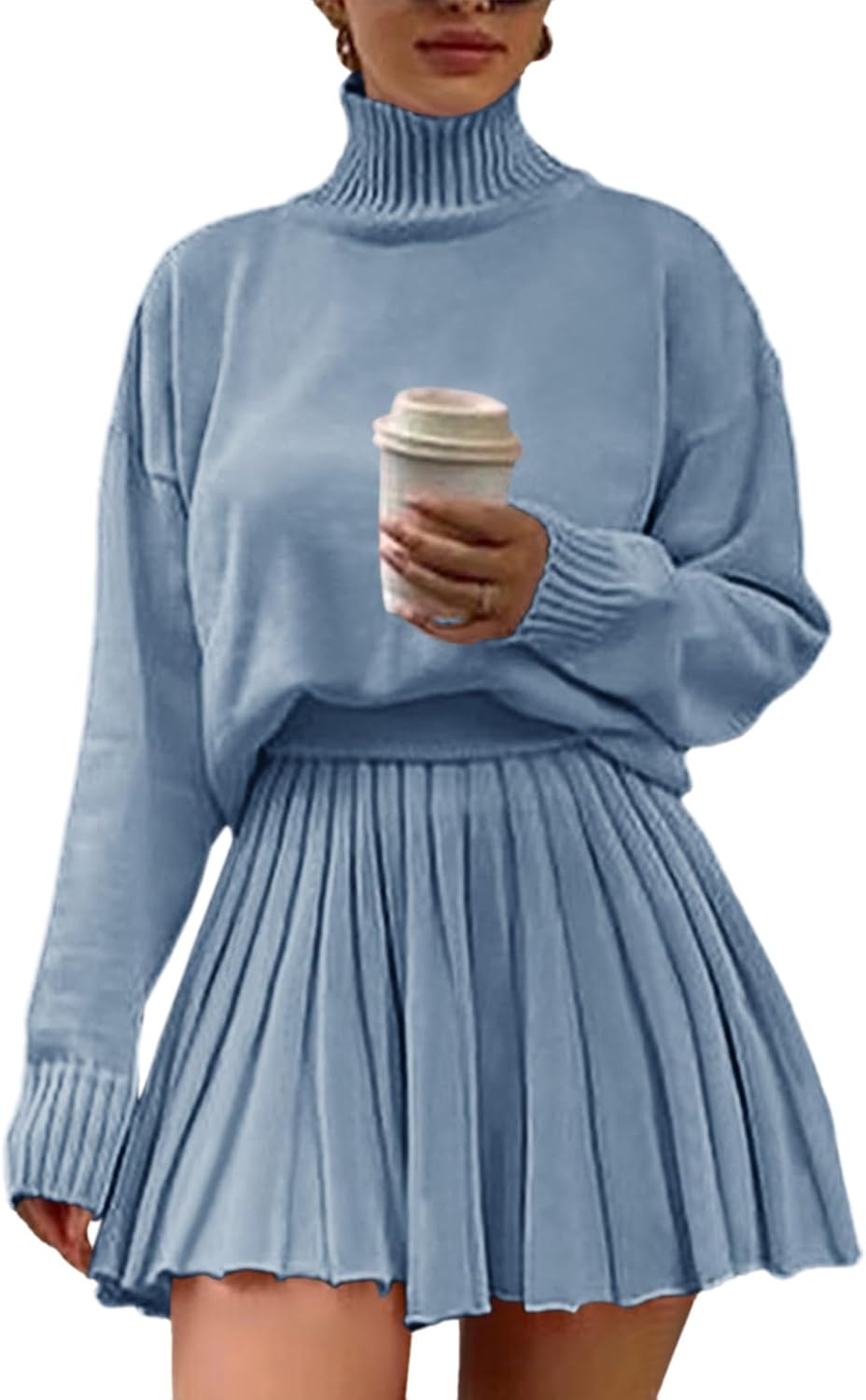 Stylish Women's 2 Piece Outfits with Turtleneck and Mini Skirt