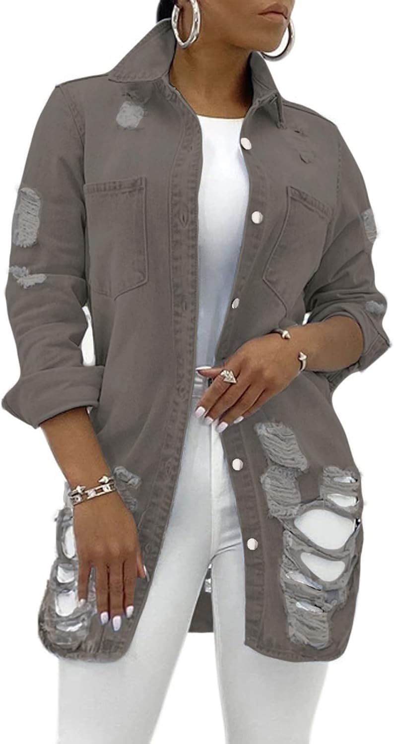 SeNight Women's Classic Distressed Denim Jacket with Tassels