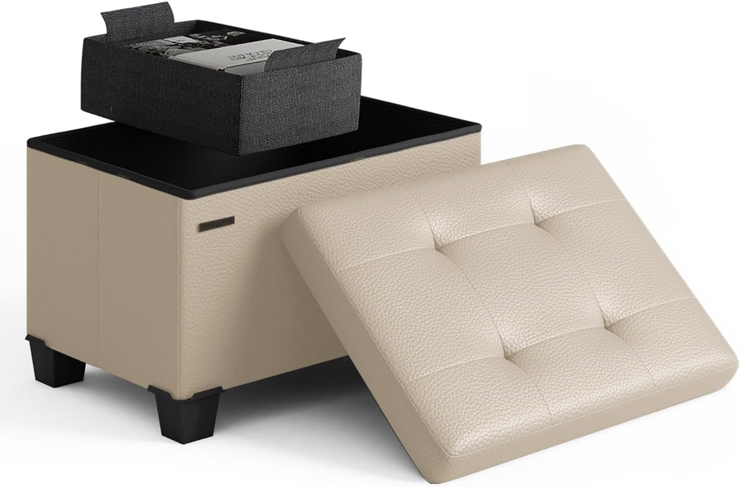 Beige Storage Ottoman Cube with Removable Bin for Living Room