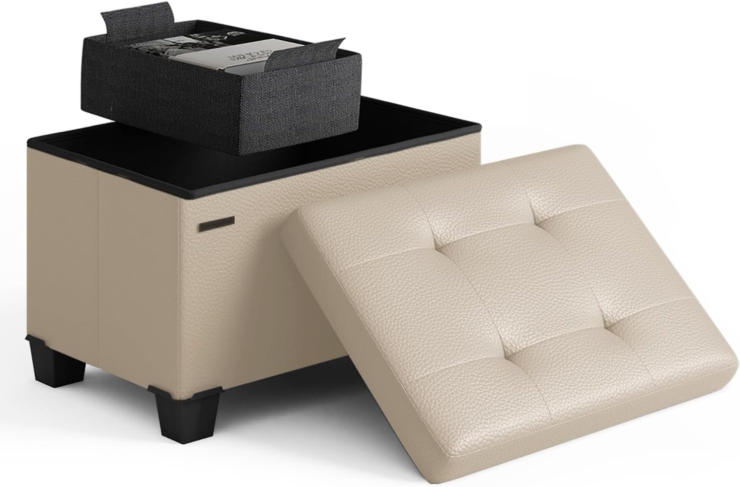 Beige Storage Ottoman Cube with Removable Bin for Living Room