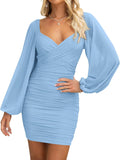 Fall Dresses for Women 2025 Cross V Neck Mesh Ruched Bodycon Short