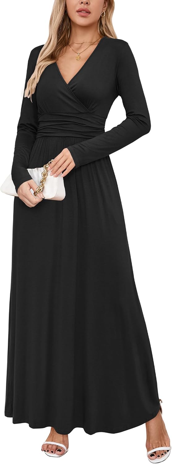 OUGES Women's V-Neck Wrap Waist Maxi Dress for All Occasions