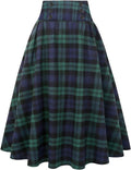 Women's High Waist Plaid Midi Skirt - Aline Pleated Vintage Style