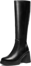 Black Knee High Boots for Women - Platform Square Toe Chunky Heels