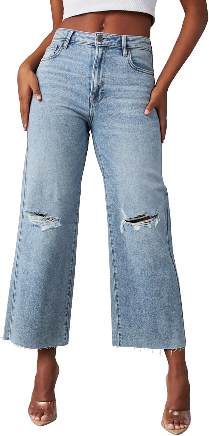 High Waisted Straight Ankle Wide Leg Ripped Jeans for Women