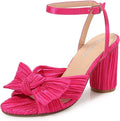 Amoji Satin Block Heeled Sandal 3in-4in - Pleated Bowknot Elegance