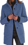 Women Long Wool Blend Pea Coat with Stand Collar - Slim Winter Blazer