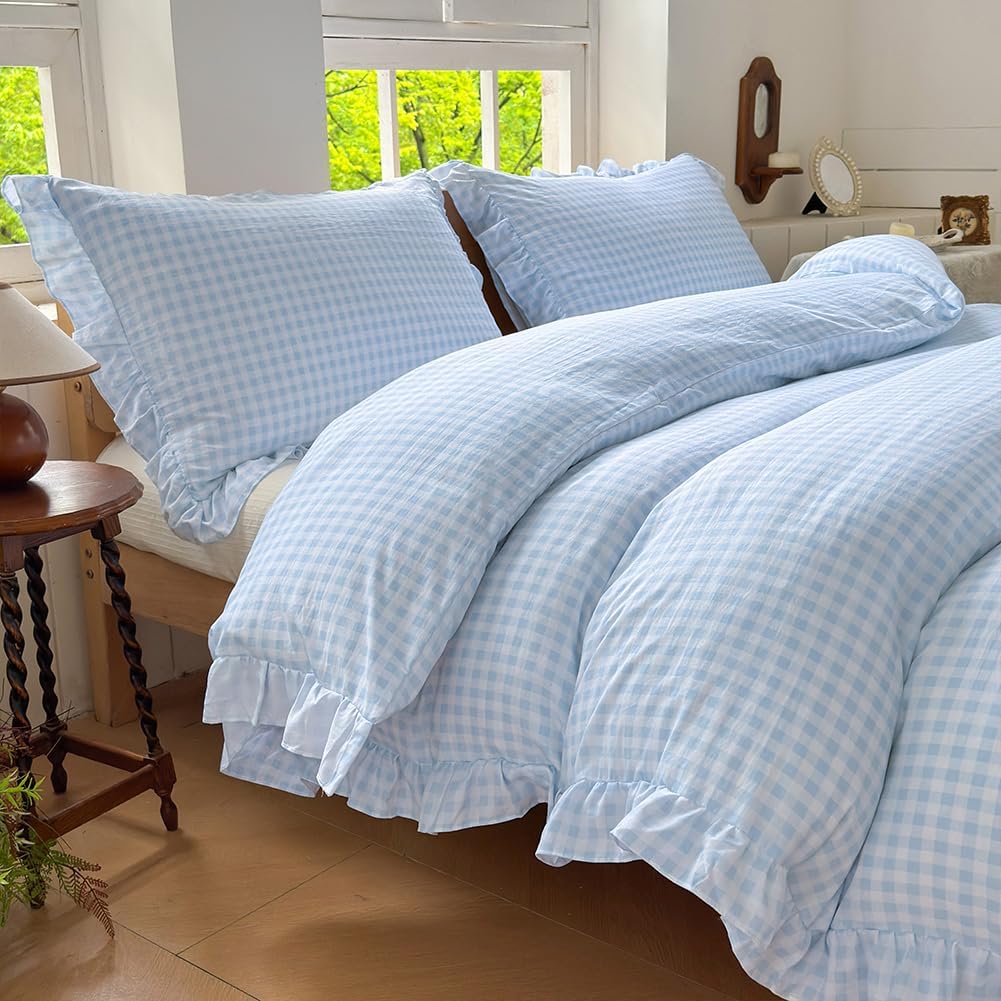 Light Blue Gingham Ruffle Duvet Cover Set for Twin Size Beds