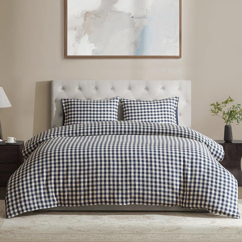 DAPU Linen Duvet Cover Queen Set in Navy Blue & White Gingham