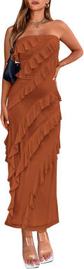 Strapless Mesh Midi Ruched Bodycon Dress - Elegant Summer Party Club