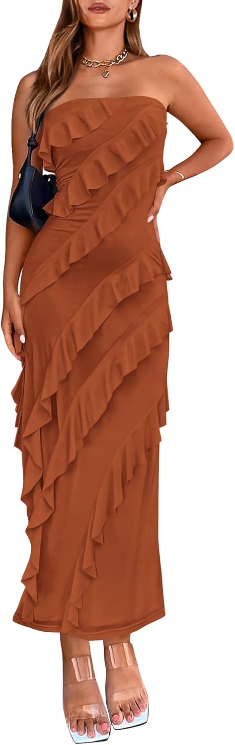 Elegant Strapless Midi Ruched Bodycon Dress for Women