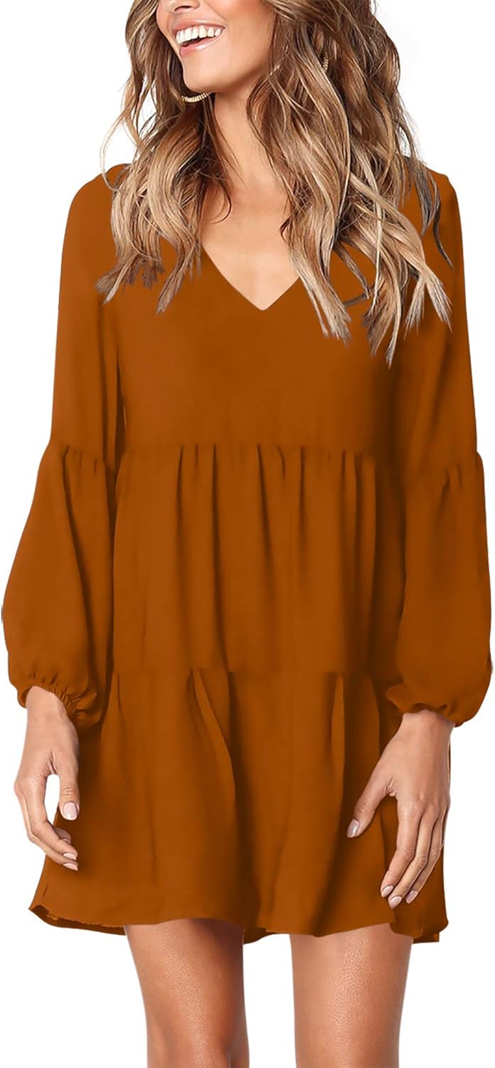 Amoretu Womens Tunic Dress Long Sleeve V Neck Casual Style
