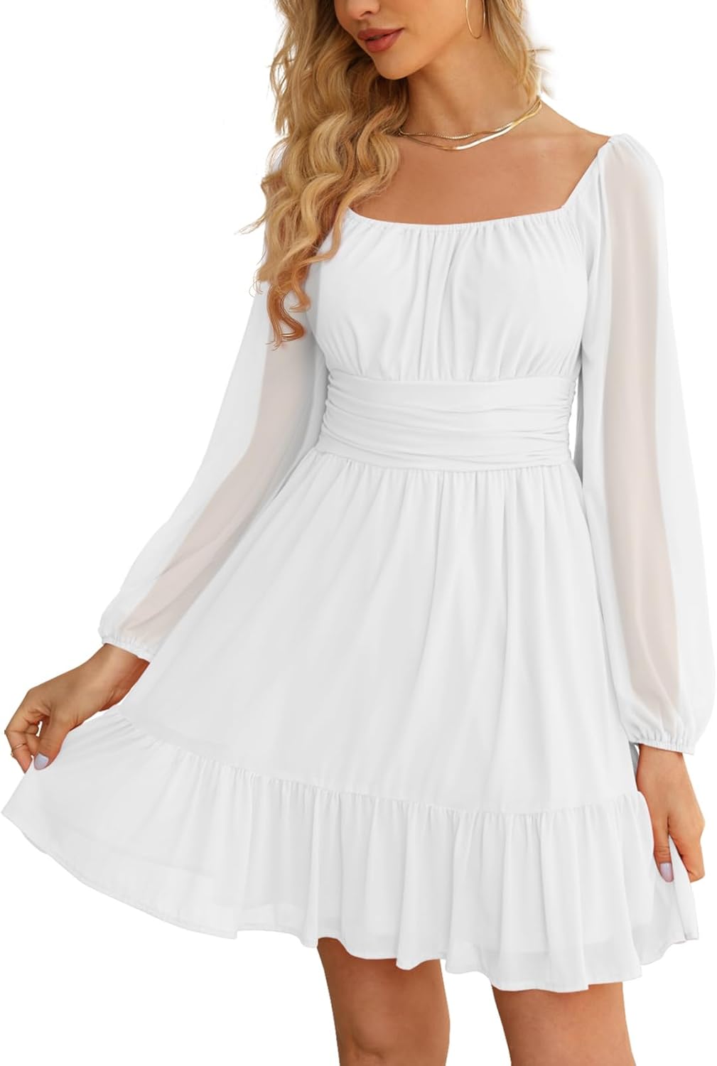 Wenrine Women's Mesh Long Sleeve Square Neck Mini Dress