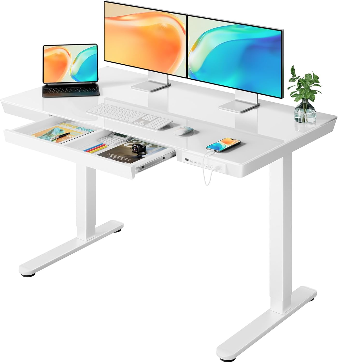 ErGear 48x24 Glass Standing Desk: Quick Install, USB Ports, White
