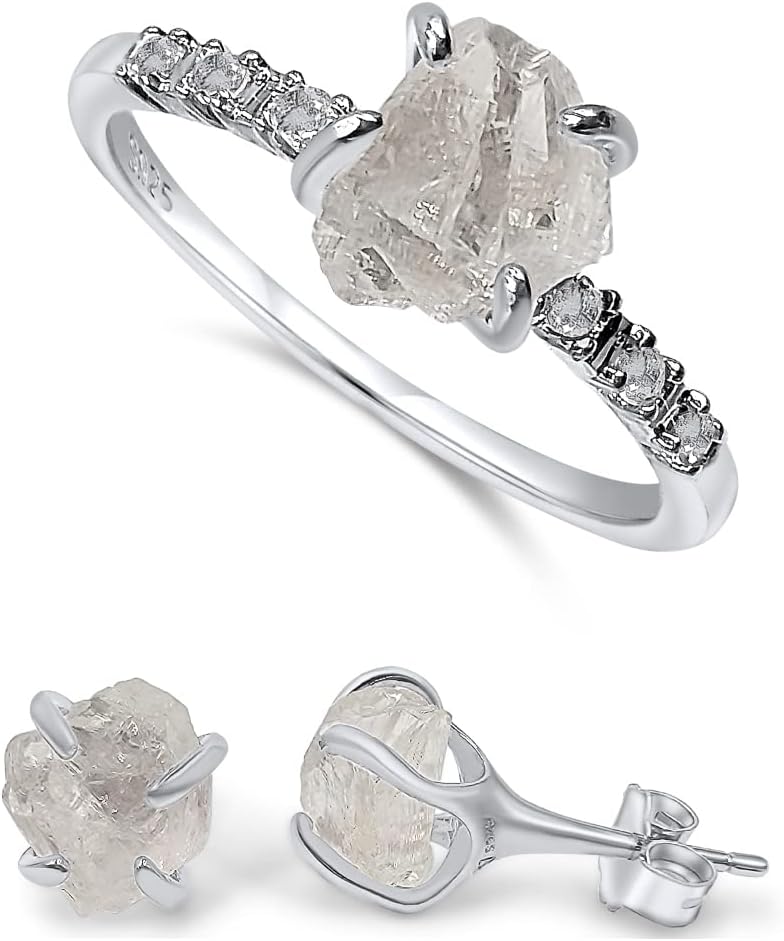 Raw Stone Stud Earrings and Dainty Ring Jewelry Set Gift