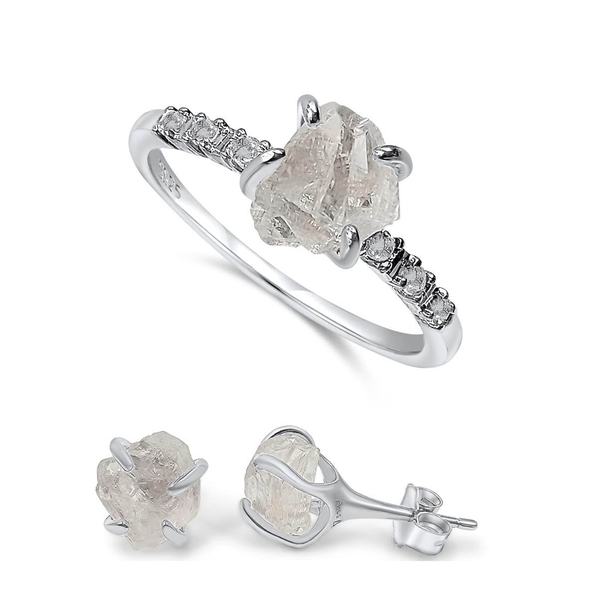 Raw Clear Quartz Stud Earrings and Dainty Ring Jewelry Set
